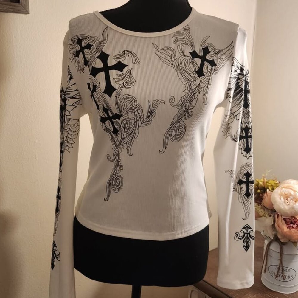 Elegant White Long Sleeve Shirt with Crucifix Graphics
